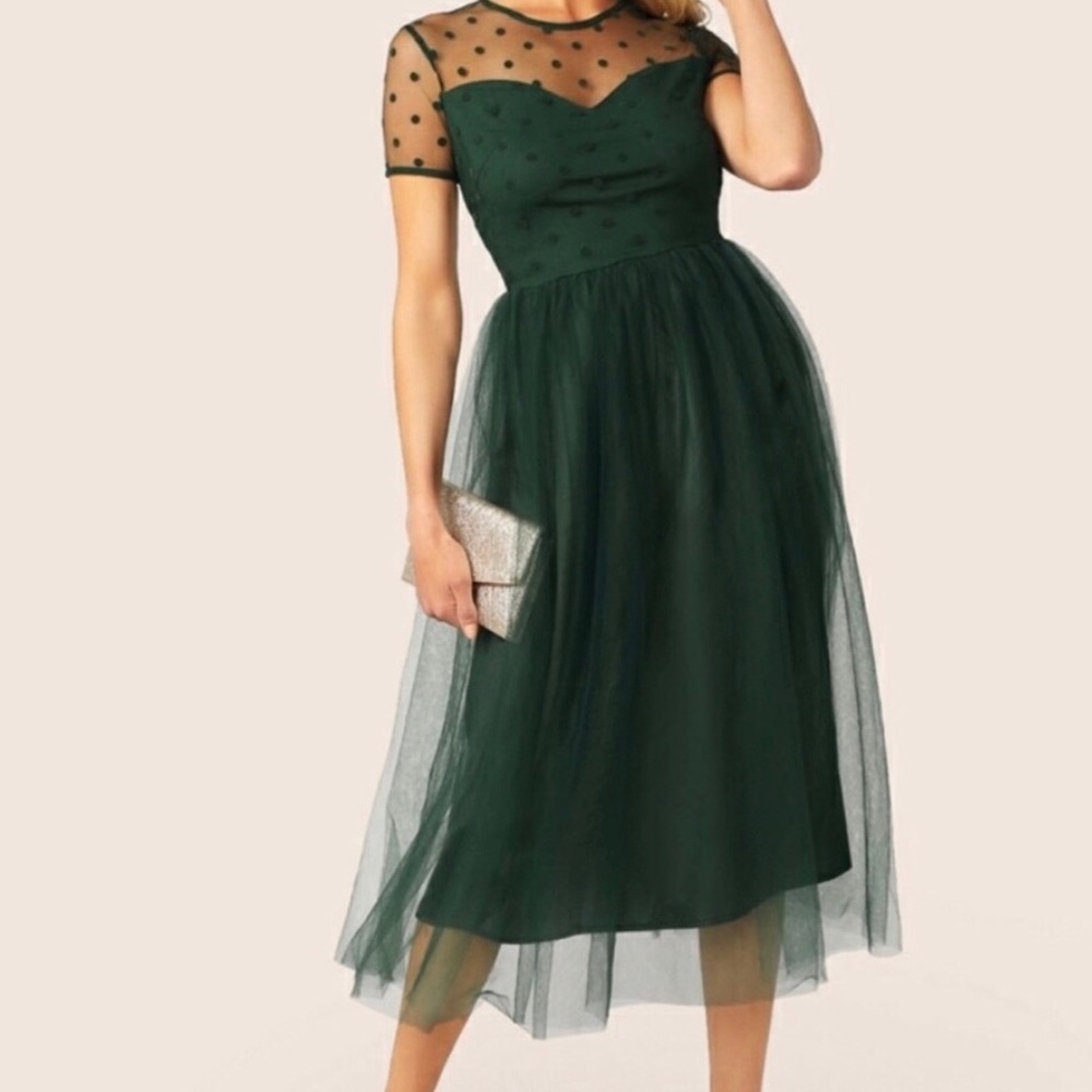 Sweetheart Neck Dot Mesh Overlay Dress
